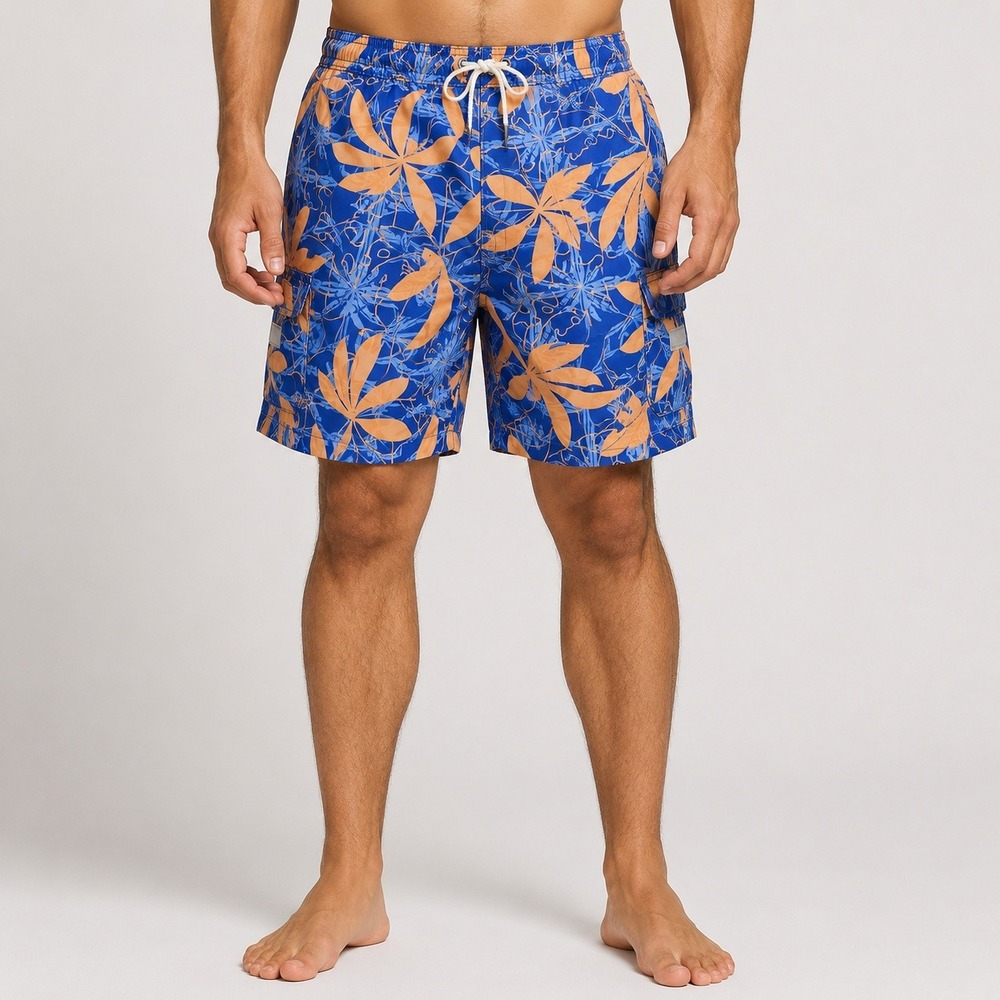Catalina Mens Blue Orange Tropical Leaf Board Shorts Swim Trunks XL‎ New